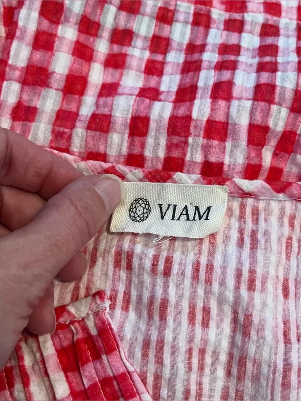 ANTHROPOLOGIE Viam Red Gingham Eyelet Puff Sleeve Top Sz S Cotton Cottagecore